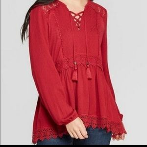 Knox Rose Red Long Sleeve Lace-Up Neck Top Medium